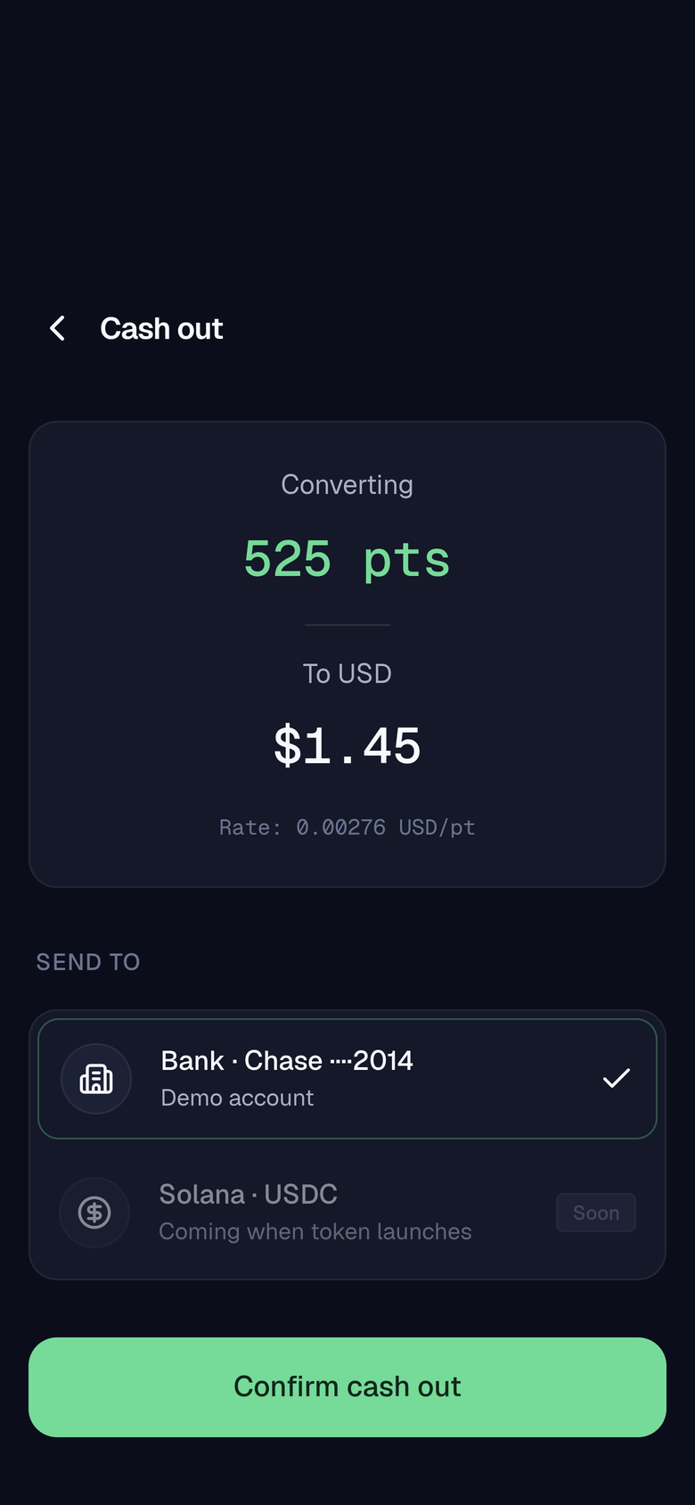 Cash out screen of the Public Oculus app: points converted to dollars, with the conversion rate shown.
