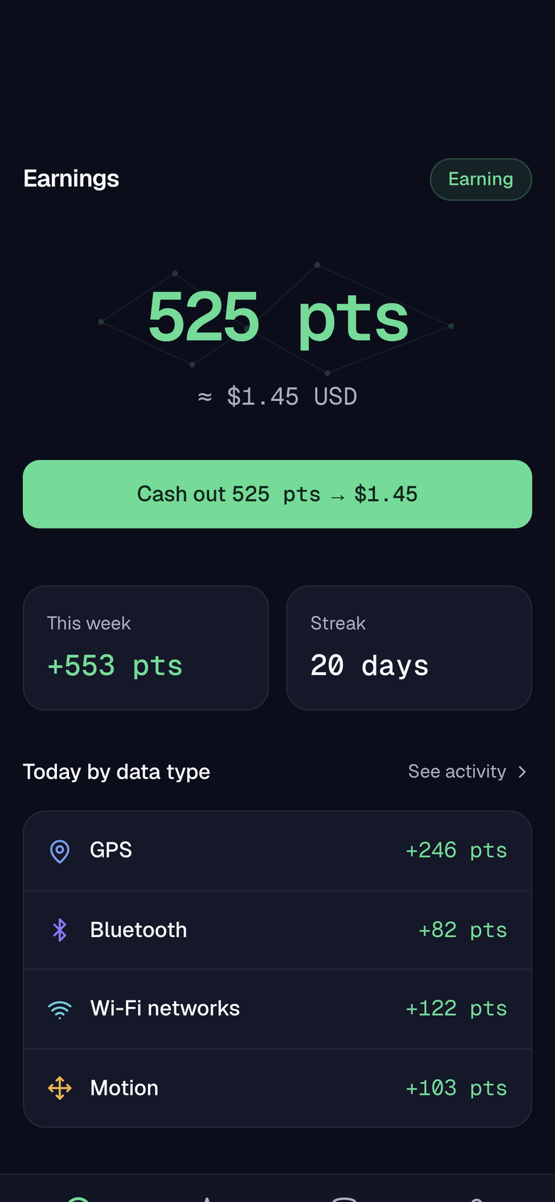 Earnings screen of the Public Oculus app: a points balance shown in units, with a cash-out button below it.